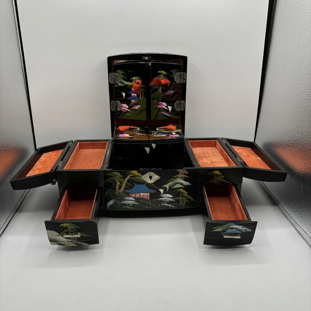 Vintage Japanese Black Lacquer Jewelry Music Box Painted Mountain Pagoda READ